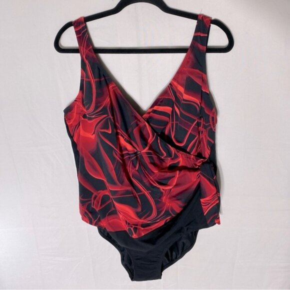 Swan Black Red Smoke Print Front One Piece Bathing Suit Swimsuit M - Picture 1 of 16